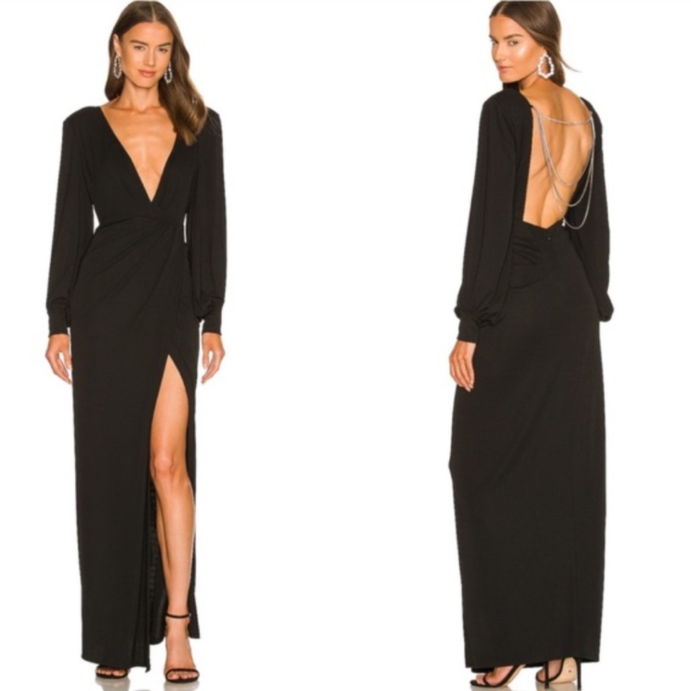 Black Michael Costello x Revolve Open Back Long Sleeve Gown Size Medium